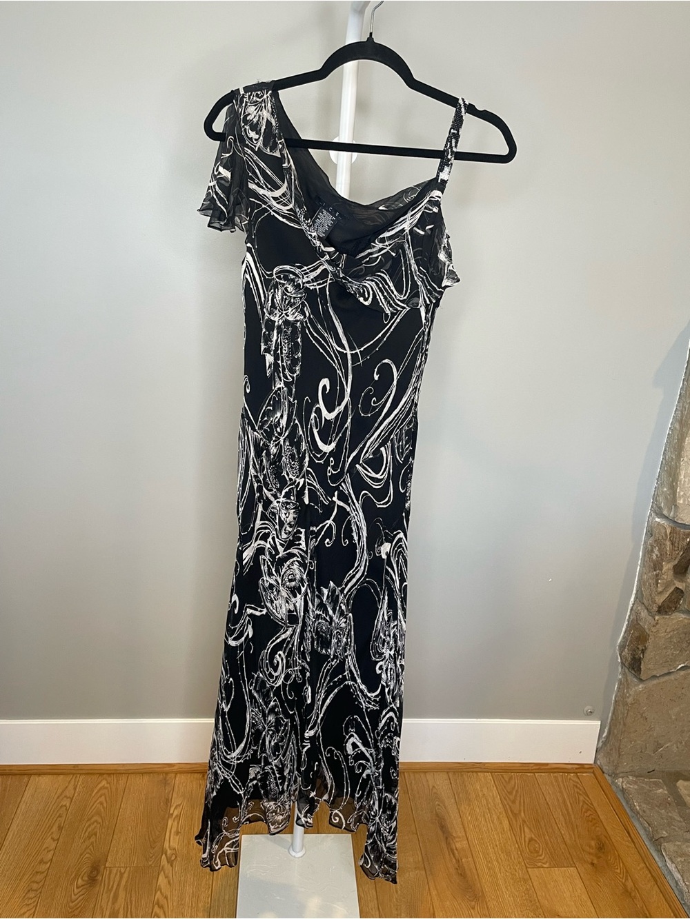 Ice Black and White Asymmetric Strap Maxi Dress w Beading - 14